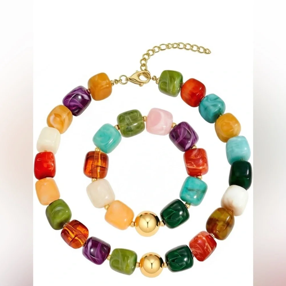 Colorful Bohemian Bead Marbled Necklace and Bracelet Set - Green Orange Blue new